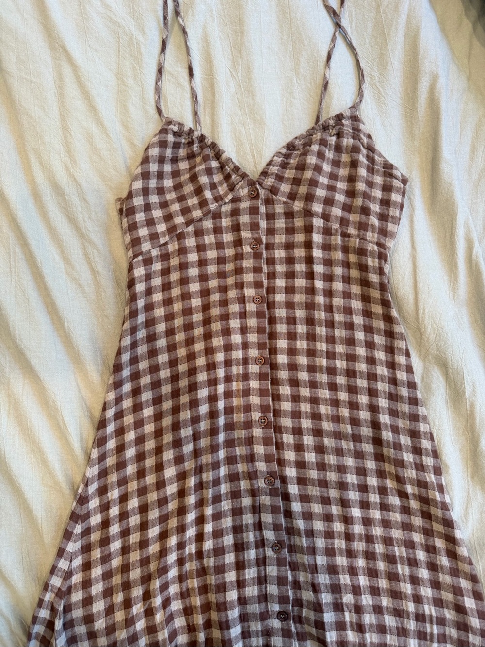 FRNCH Brown and Cream Gingham Button-Front Slip Dress